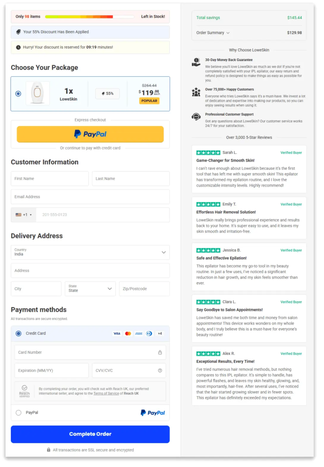 LoweSkin Laser Epilator Secure Checkout Page
